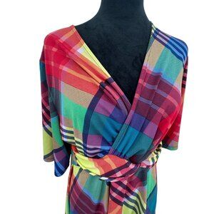 Chaus New York XL Rainbow Plaid Faux Wrap Babydoll Top Asymmetrical Y2K‎ Vintage